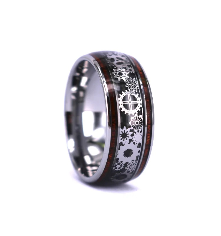 2024 Unique Style Gear Inlay Design Tungsten Wedding Ring, Gear Wood Tungsten Carbide Ring,Customized Tungsten Ring