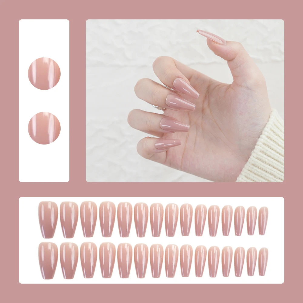 30pcs Artificial Fingernails Solid Color Press on Nail Nude Color Medium Coffin Chic Design
