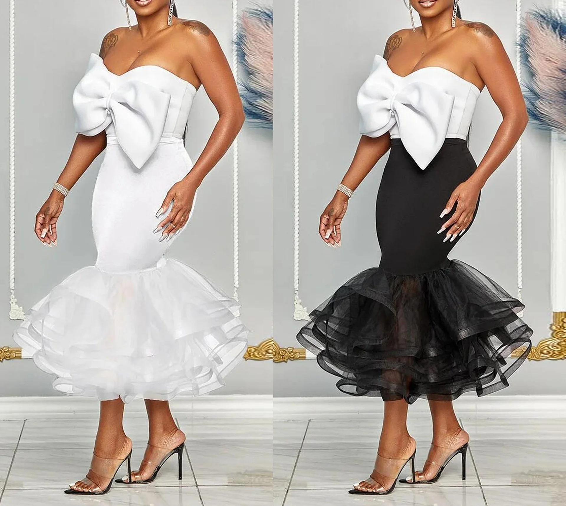 2024-Ladies party wear gown mermaid prom women dress set with fish tail skirt for ladies 2 sets long