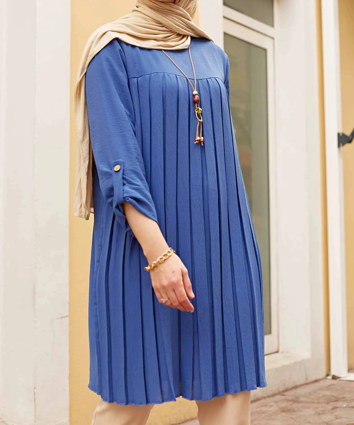Wholesale Lady Summer Long Sleeve Chiffon Pleated Solid Shirt Dubai Turkey Abaya Blusas Casual Long Tops Women Muslim Blouse
