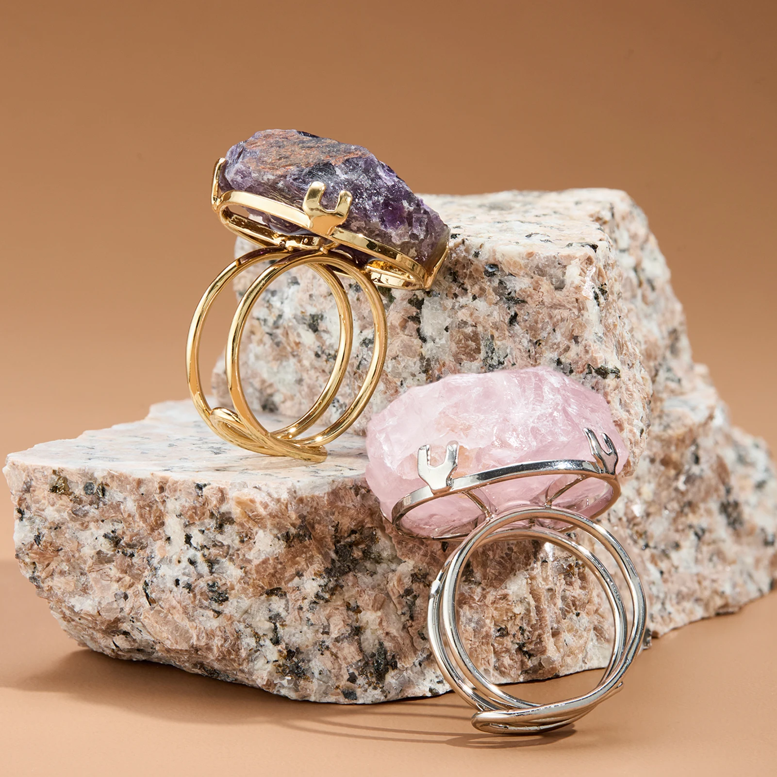 Кольца с натуральным драгоценным камнем друза кварц аметист лечение рейки розовый кольцо для женщин Рождественская бижутерия подарок