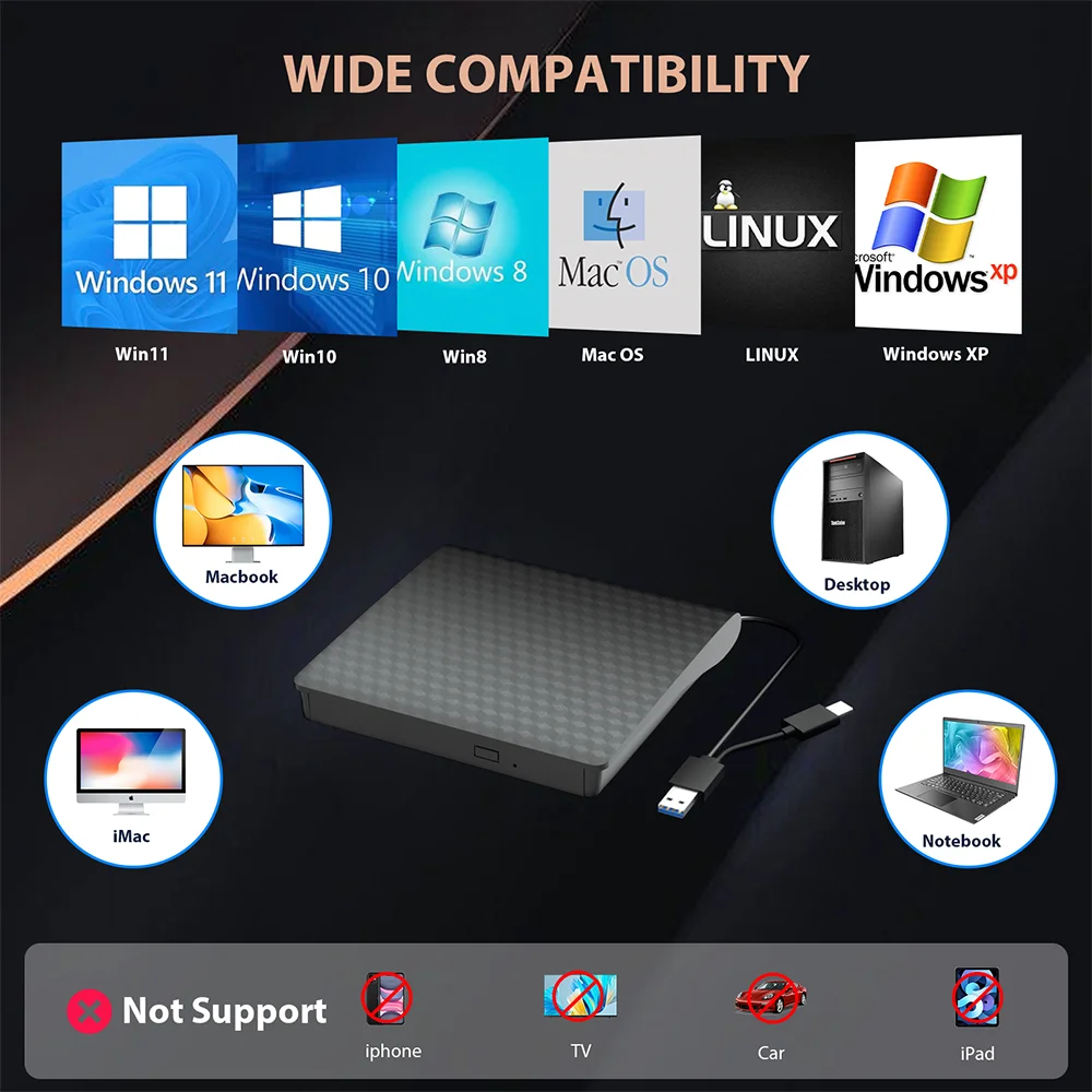 Latest External cd/vcd/dvd writer burners optical drive  DVD rw player Card Reader Drive Compatible with desktop Windows USB