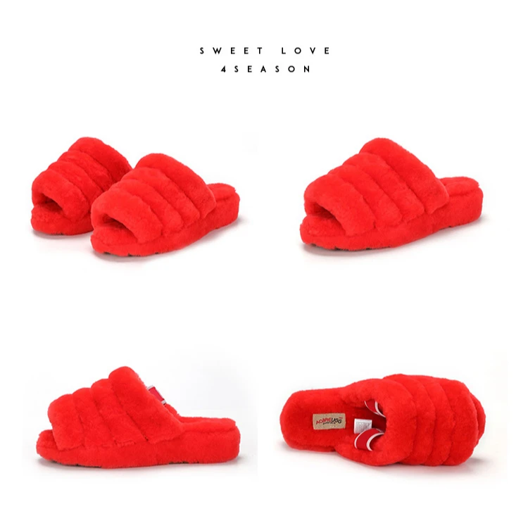 
Latest hot sell female fashion color red sheep slippers natural sheepskin slippers for women and kids 