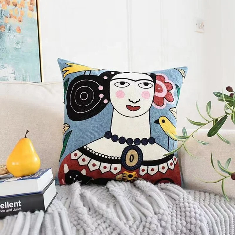 Wholesale Woman Sublimation Self Portrait Embroidery Designer Decorative 100% Cotton Cushion Covers