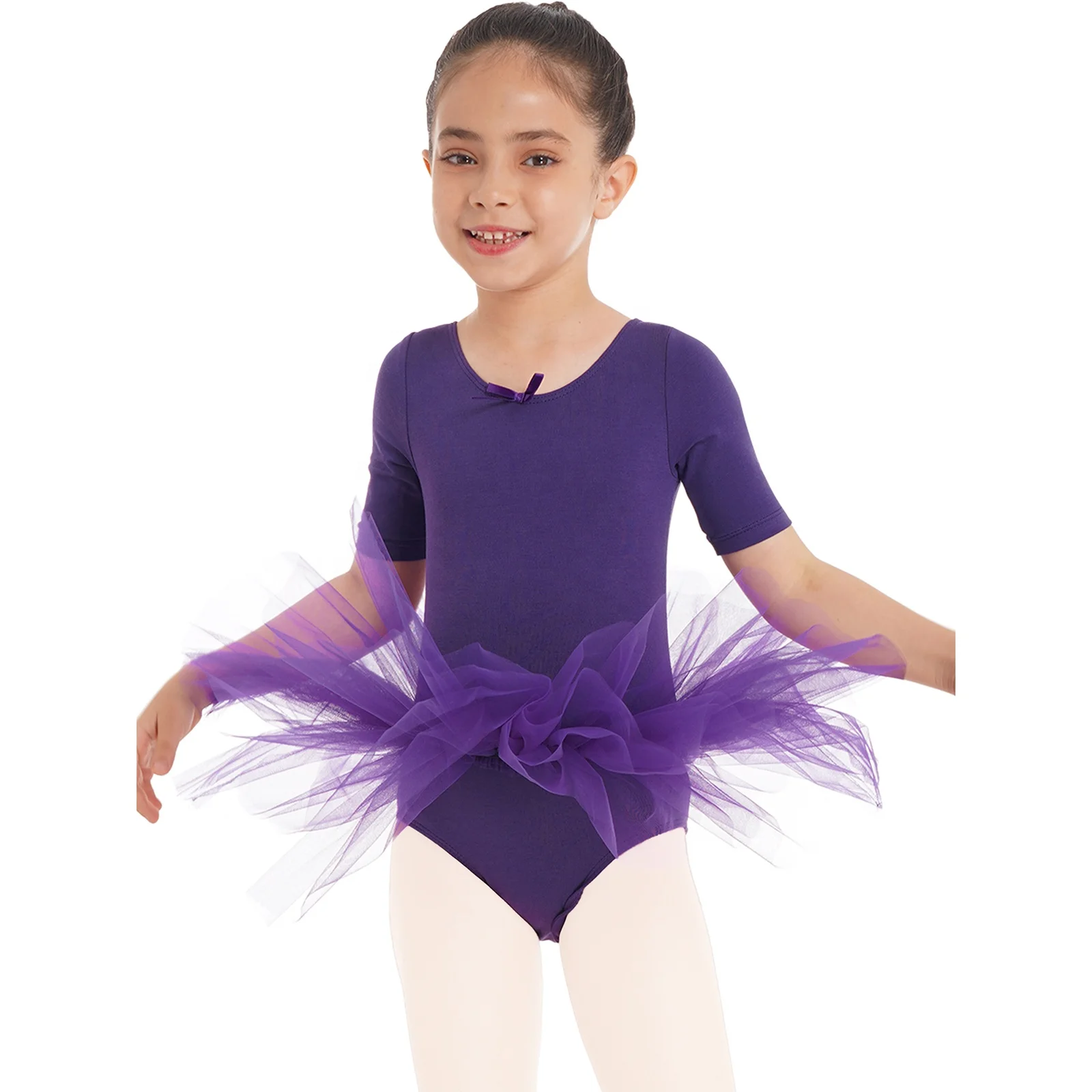 Kids Girls Short Sleeve Cotton Tulle Training Dancewear Performance Wear Ballet Costume Ballet Dress Dance Dresses Girl Leotards