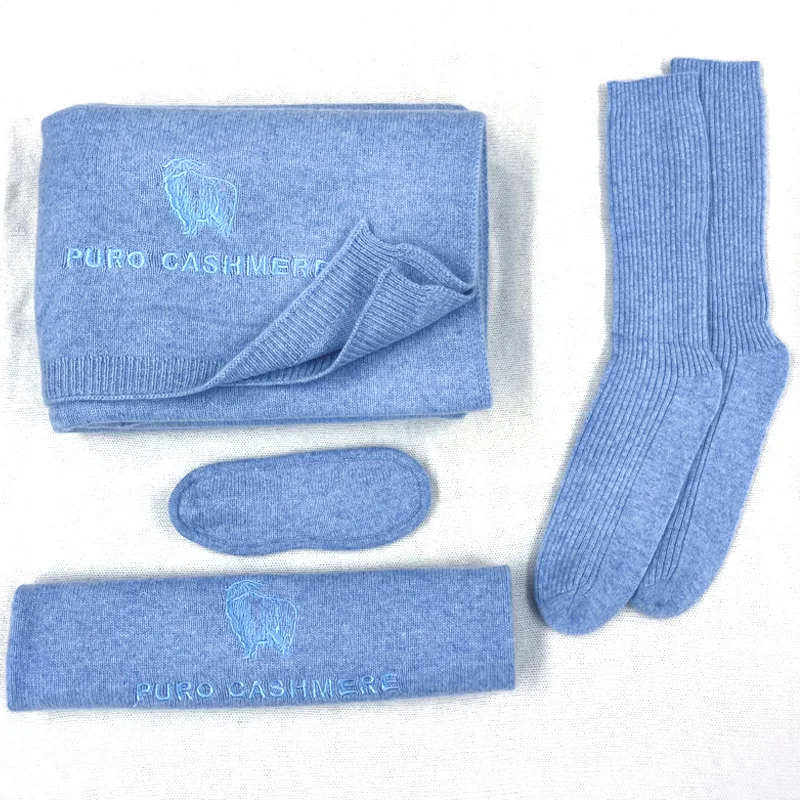 Custom knitted pure cashmere blanket eyemask socks cozy cachemire 100% cashmere travel set with bag pouch