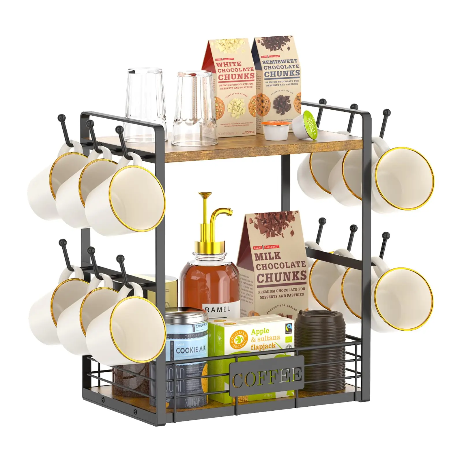 2-уровневый держатель для кофейных чашек, подставка для кофейных чашек, дерево с корзиной для хранения, винтажный металлический настенный стеллаж для кофейных чашек