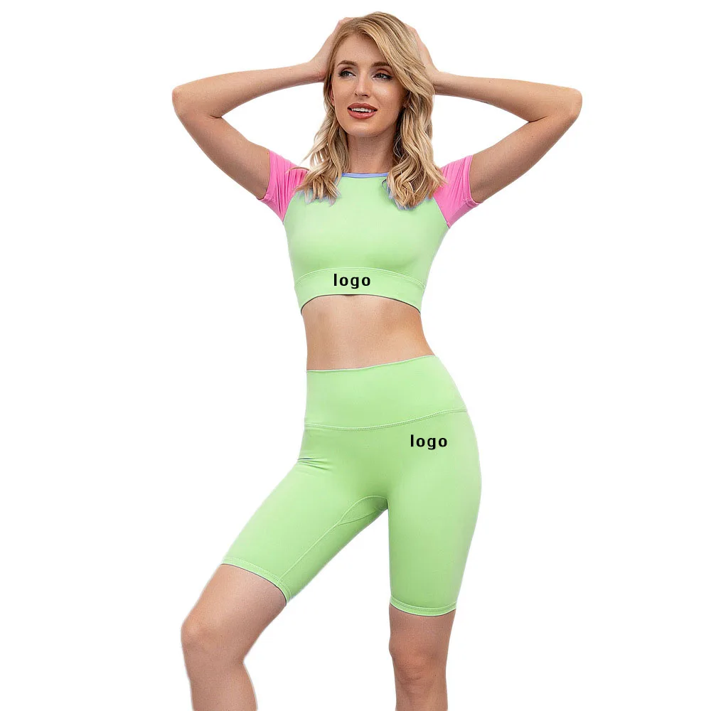 
2021 Fashion Outfit Fitness Seamless Patchwork Top And Shorts Workout Sets For Women Two Piece Workout Sets 