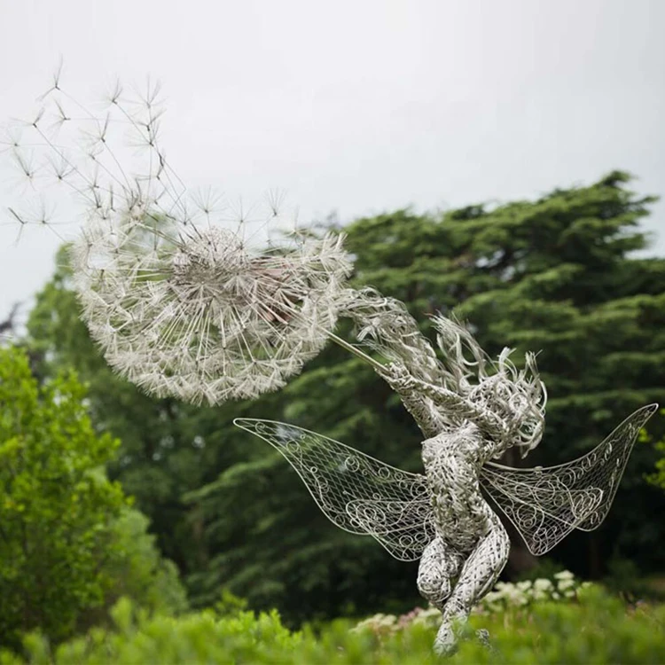 Hot Sale Stainless Steel Garden Decoration Life Size Dancing fairy with Dandelion Sculpture