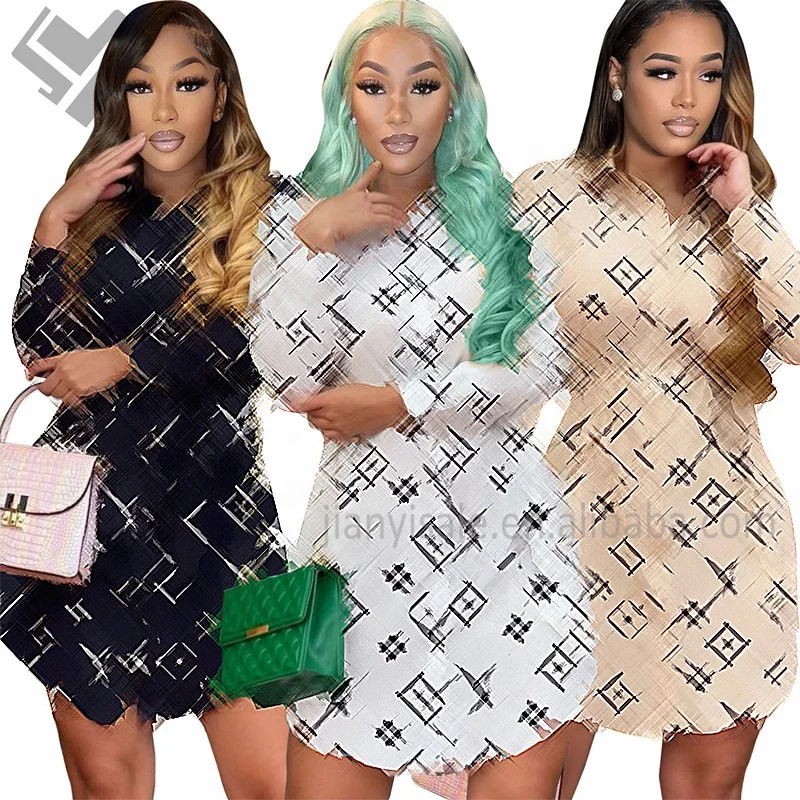 New Designer Printed Casual Dress Womens Fall Long Sleeve Button Down Long Shirt Luxury Brand Turn Down Collar Blouse Dresses