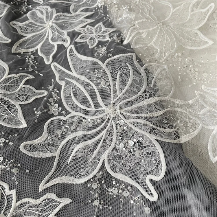 New arrival fancy white big flower french tulle lace fabric for wedding evening dress