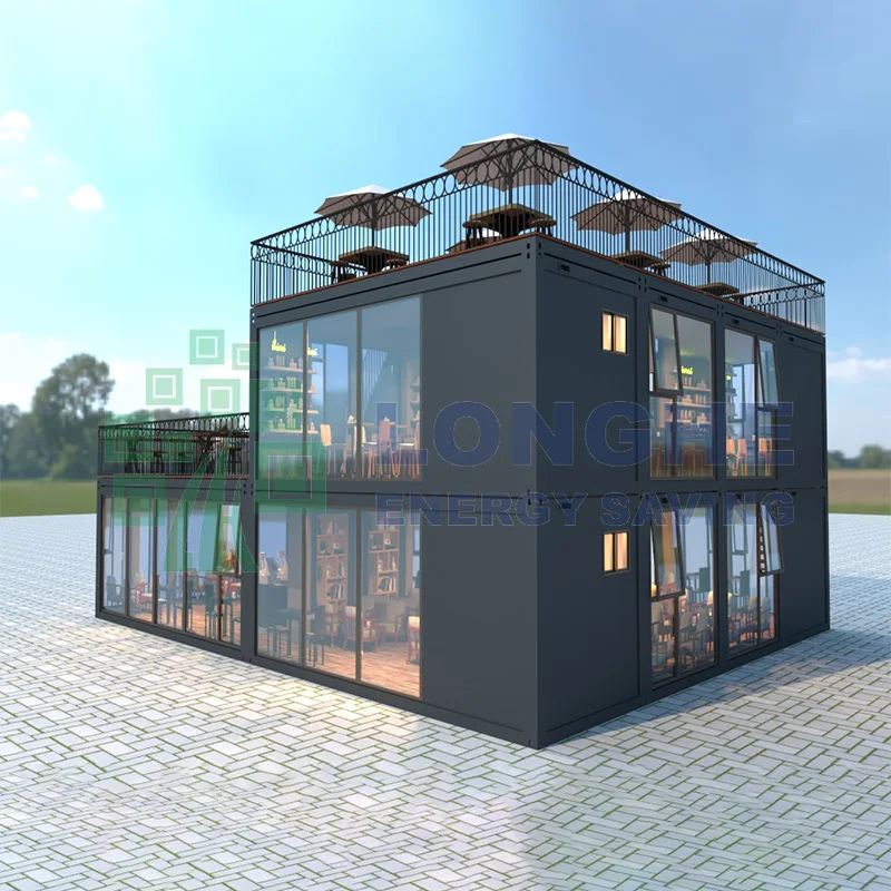 Glass Sunny House With 2 Storey Flat Pack Prefab  Container Houses With Good View Terrace