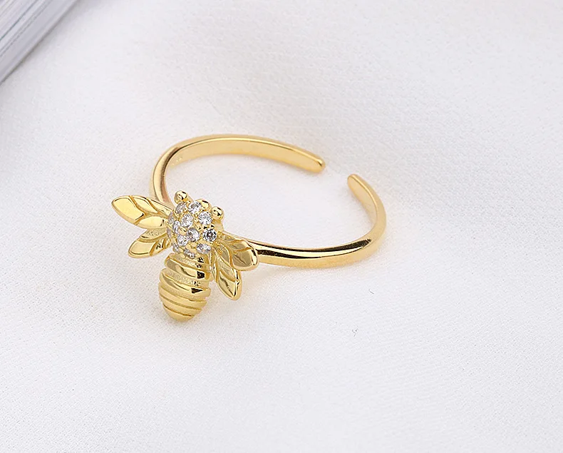  Hot sale cute 18k gold plated 925 sterling silver animal bee open rings for