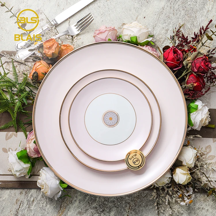 gold rim pink plates sets dinnerware moroccan for party events, wholesale porcelain dinner luxury crockery tableware