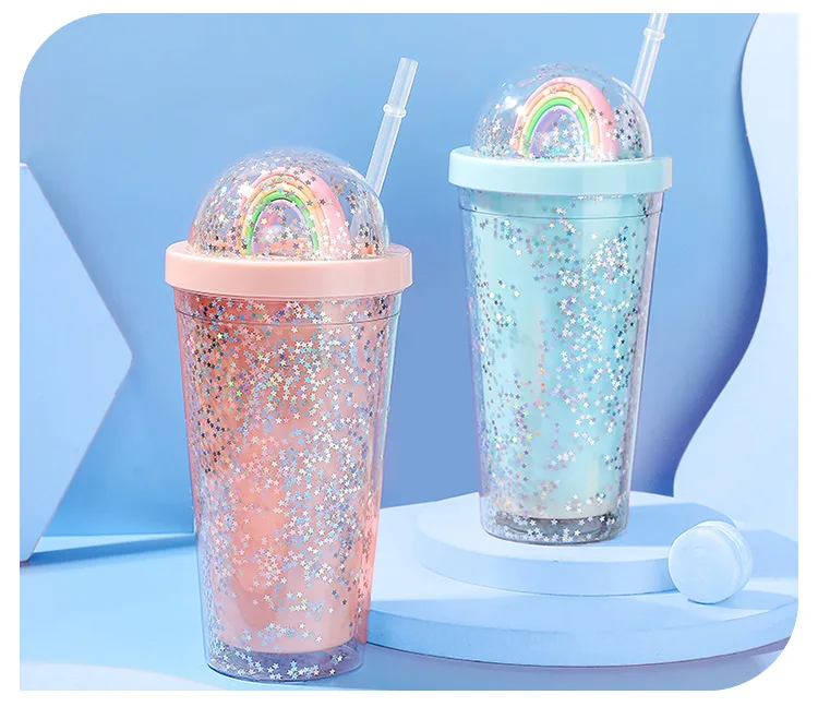 SHUMON Stars Glitter Shiny Clear Tumbler with Straw Bubble Milk Tea Drinking Plastic Cup Sample Available Bottles