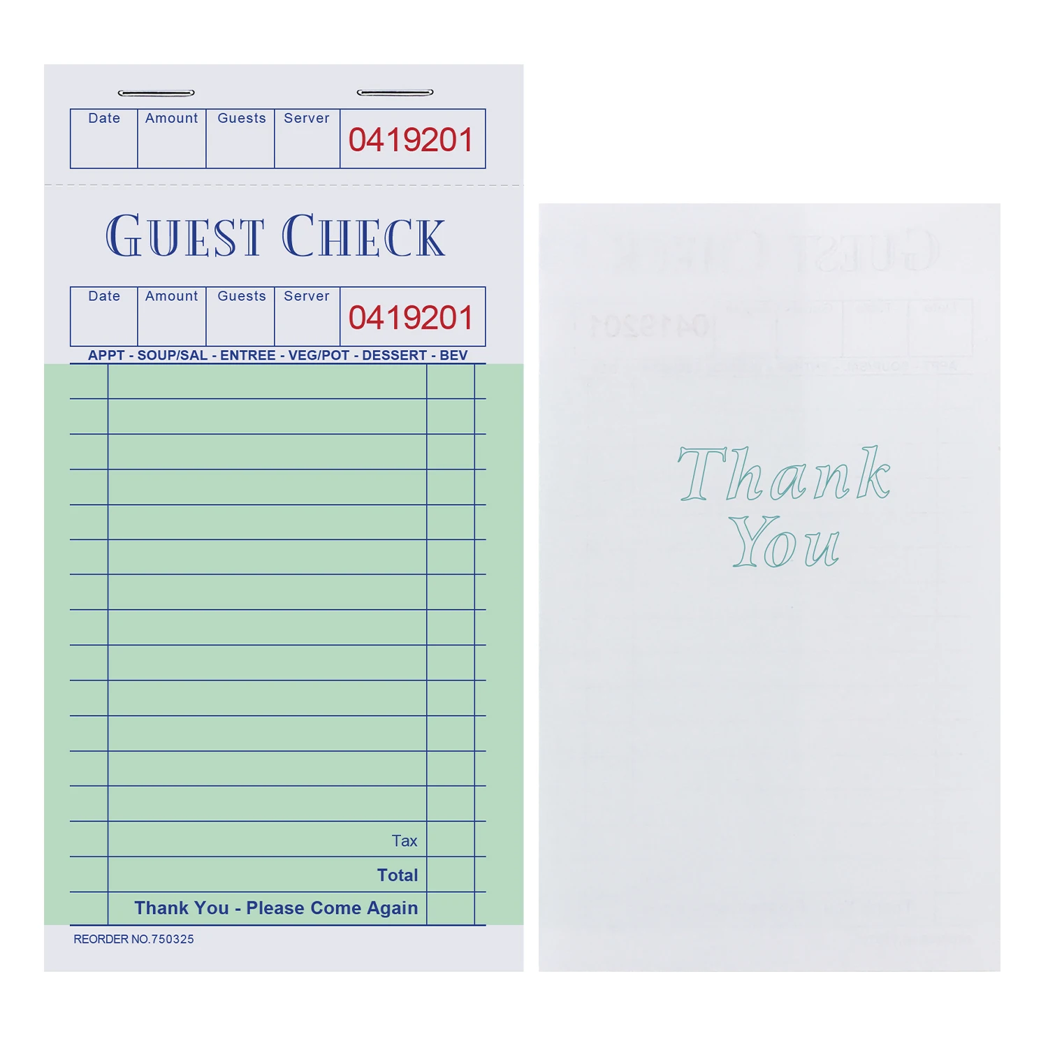 Customizable content offset printing Check gust Book purchase order for Restaurant and Hotel