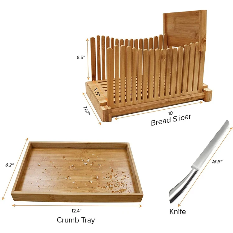 Premium Bamboo Bread Slicer With Stainless-Steel Knife Wood Cutting Guide with Crumb Tray For Homemade Bread, Cake, Bagels