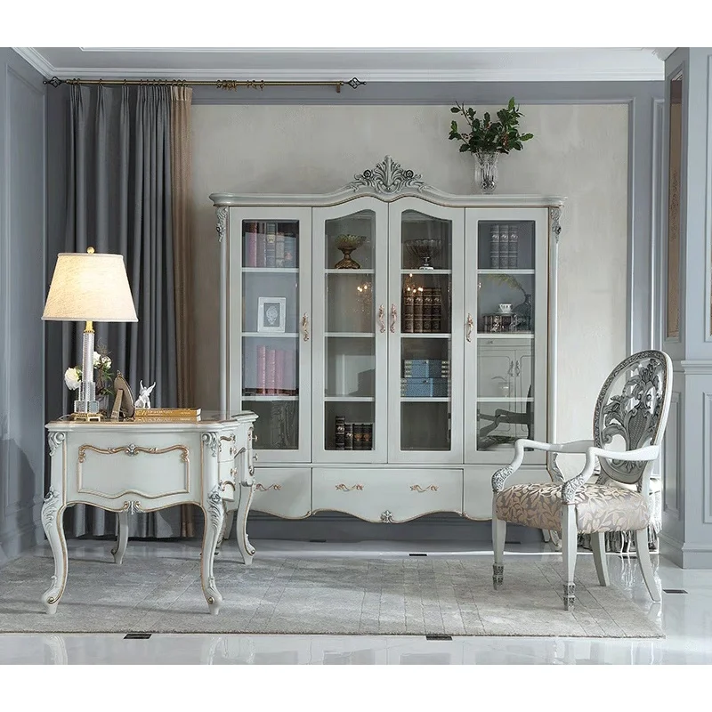 European Four-Door Solid MDF Wood Bookcase Cabinet 2m French Court Style with Carved Locker Living Room Hall Villa