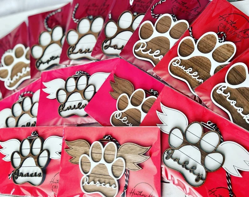 Pet Memorial Ornament Paw with Wings Christmas Ornament Wooden Carving Decoration Monogram Decoration
