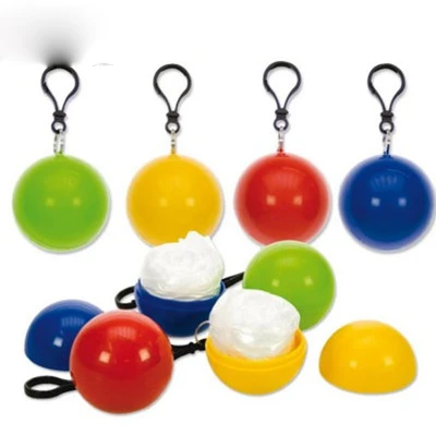 P722  Custom Logo Hotel Cape Rain Coat Portable Outdoor Disposable Raincoat With Keychain Waterproof Ball Capsule PE Raincoats