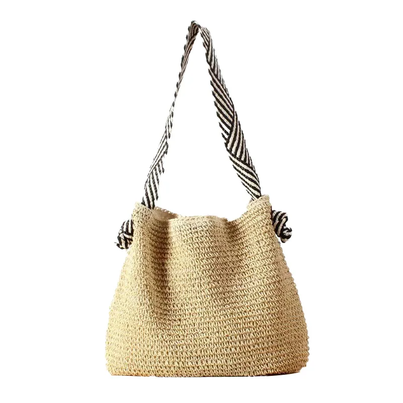 casual beach strap shoulder wear sling bag women straw crochet woven natural straw beach tote handbag with embroider strap
