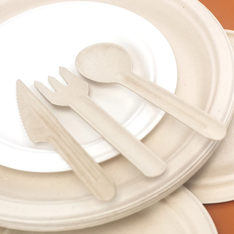 Custom Wholesale Travel Flatware Sets for Wedding Sugarcane Bagasse Disposable Biodegradable Eco Paper Pulp Compostable Cutlery