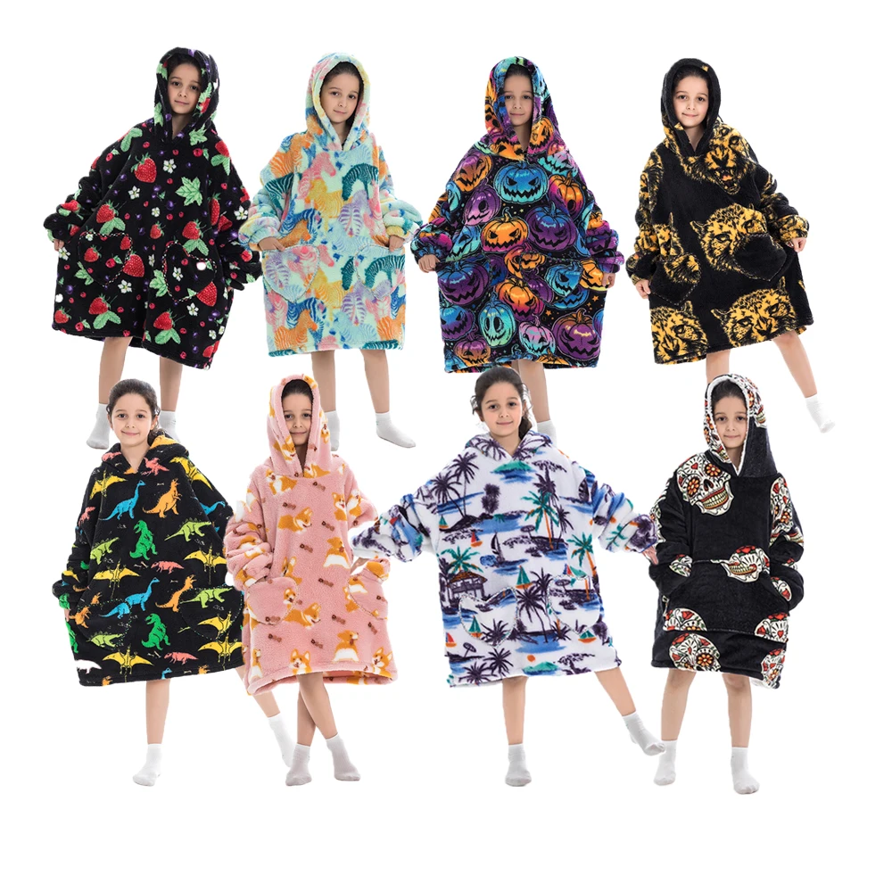 RTS multi color print custom teens super soft warm fleece sherpa pocket kids oversize hoodie blanekt