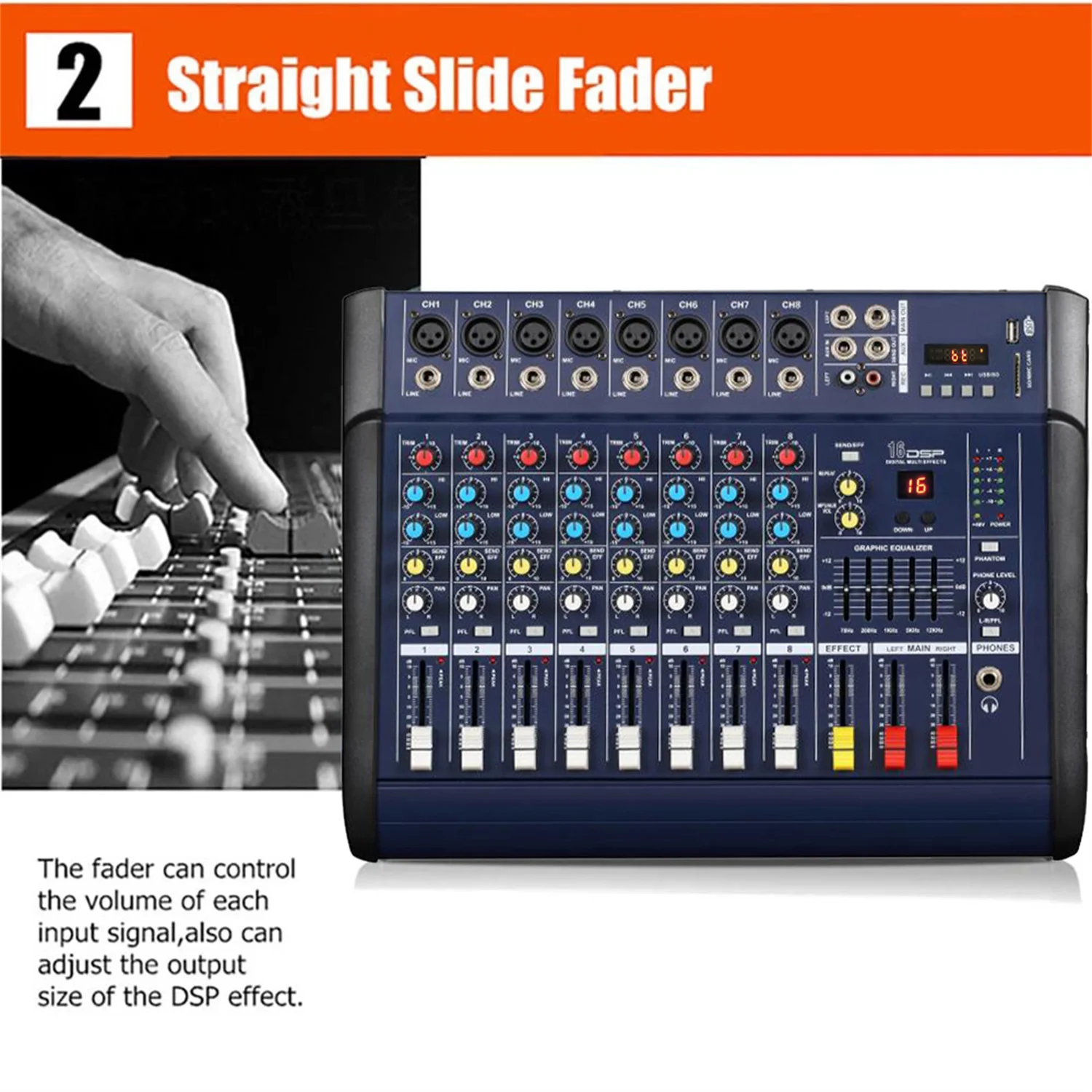 GAX-802D 8-канальный цифровой аудио микшер консоль караоке микрофон встроенный 48 В фантомная мощность с 16 DSP