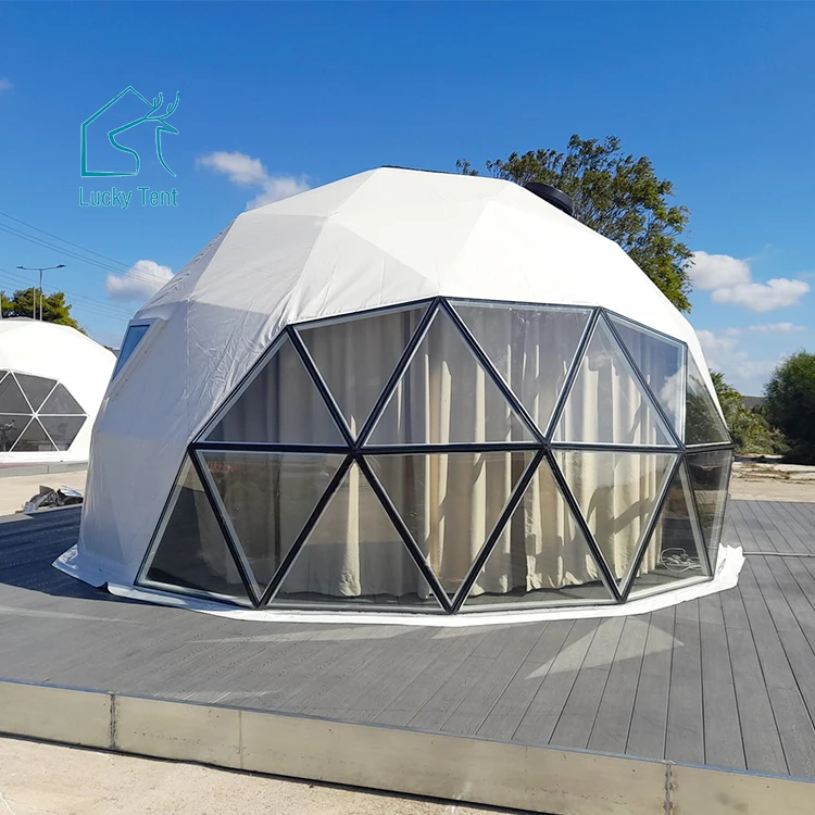 Factory Low Cost Luxury Yurt Aluminum Framework Tempered Glass Dome Glamping Tent With Bathroom