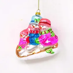 Factory wholesale glass ornaments for christmas cute three snowmen sitting on a sleigh pendant