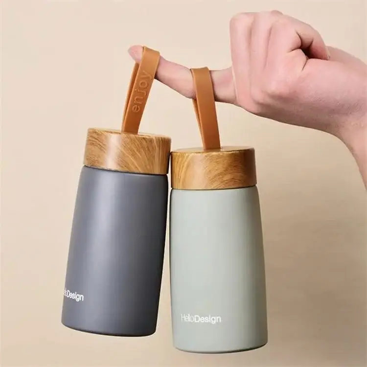 Custom creative wood grain cover lid vacuum cup 304 stainless steel thermos cup mini big belly flasks with tape