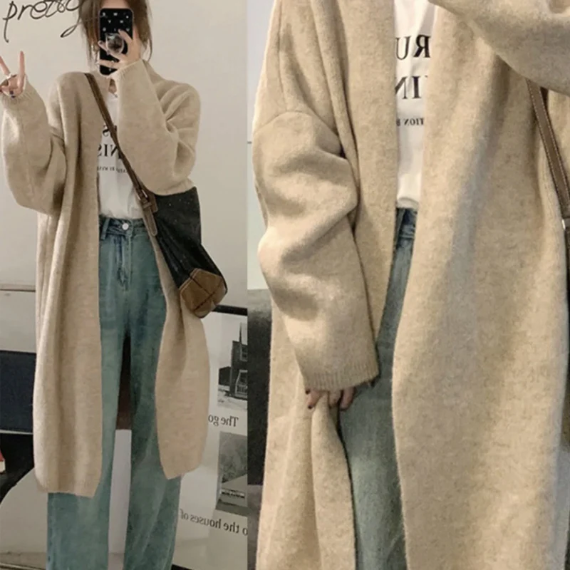 Зимний вязаный женский Кардиган с длинным рукавом оверсайз очень длинный свитер кардиган длинная куртка на заказ