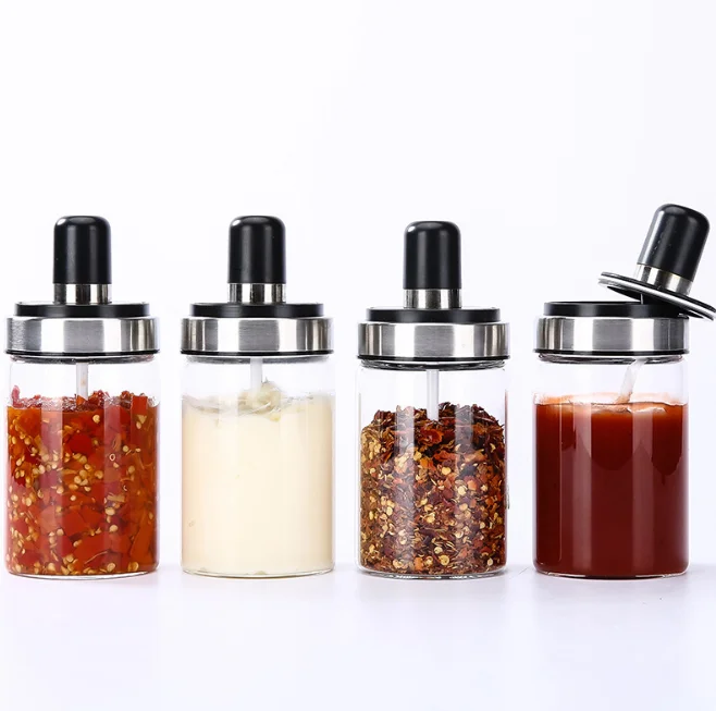 
Empty Glass Seasoning Spice Jar Container Set With Spoon Dispenser Lid 