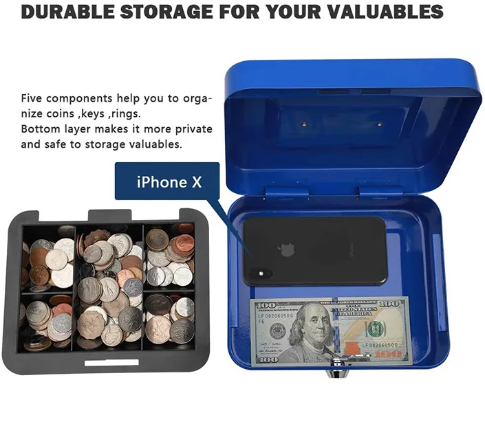 Blue metal cash box money saving safe cash box for kids