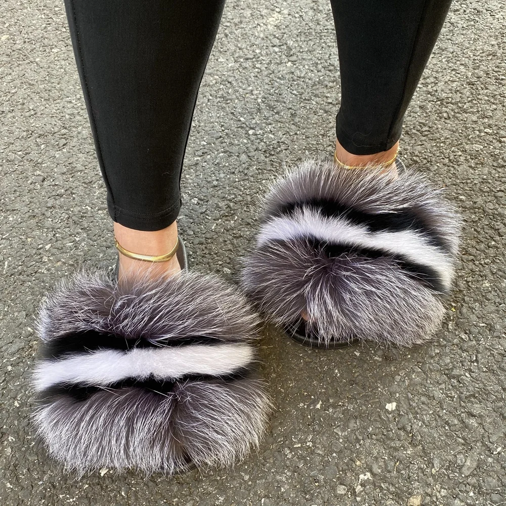 
Wholesale Custom Logo Outdoor ladies Slides Colorful 100% Fluffy Fox Fur Slipper For Women 