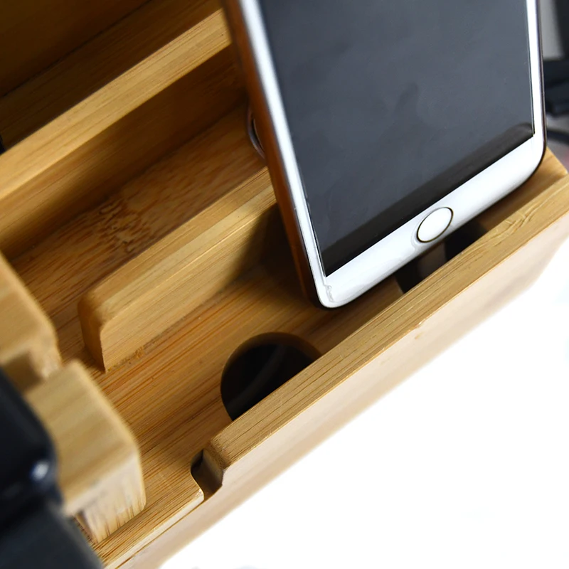Bamboo And Wood Multi Device Manager Mobile Phone Stand Desktop Table Stand Storage Box