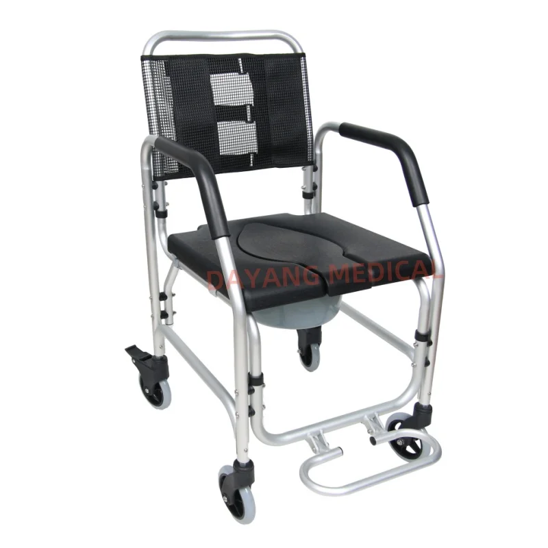 Mobile Bedside Disabled Toilet Seat Shower Commode Chair with Wheels Footrest Handles for Adult Elderly Senior