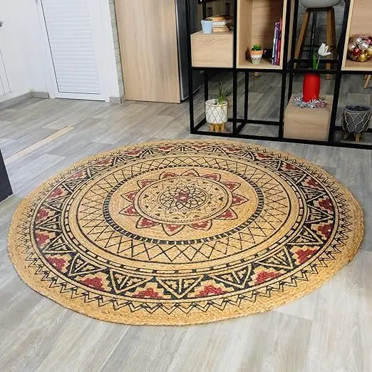 Round Rug Block Print Jute Braided Rugs Large Geometric Mandala Mat Round decorative living room home decor carpet
