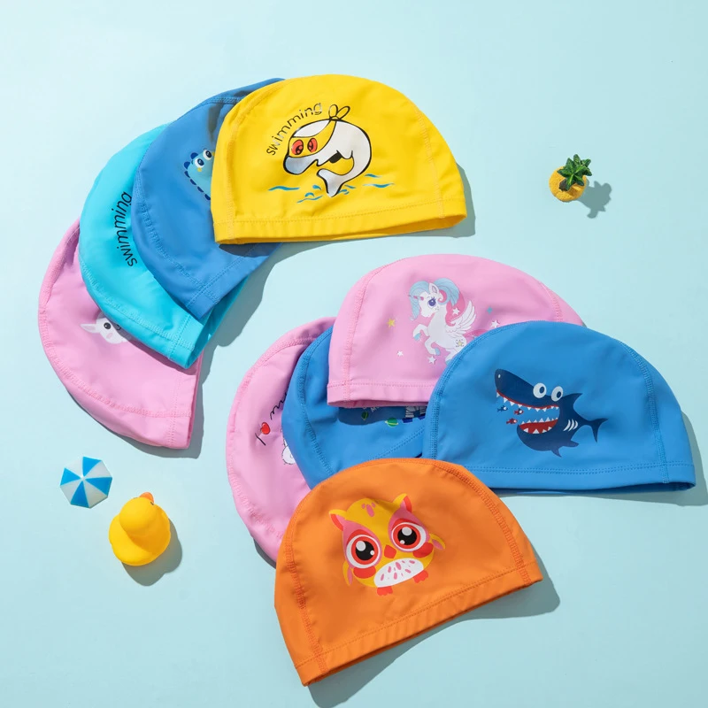 Children Customized Logo Cute Cartoon Pool Swim Cap Boys And Girls Colorful Fabric Cute Kids Swimming Caps
