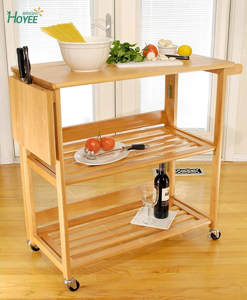 Simple and convenient folding Kitchen Cart with bamboo mobile pulley