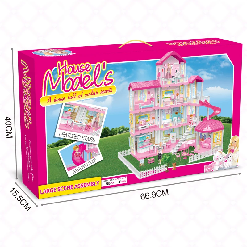 Pretend Play Girl Princess Toy Accessories Furniture DIY Assembly Plastic Big Size Dream Pink Doll House with Boy and Girl Doll
