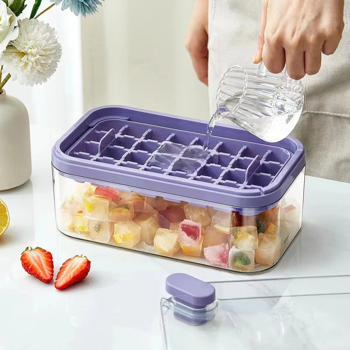 Ice Cube Tray with Ice Scoop  For Freezer  With Lid multifunction  Bin Ball Maker Mold For refrigerator Container Ice Tray