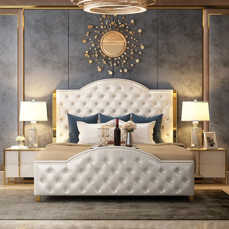 The latest bedroom furniture design modern simple style stainless steel solid wood frame leather bed