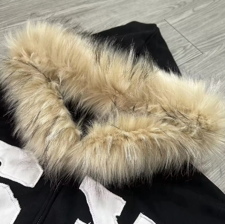High Quality Long Sleeve Custom Logo Lightweight Zip Up Hoodie Jackets Manufacturer Warm Winter Applique Embroidery Fur Jacket