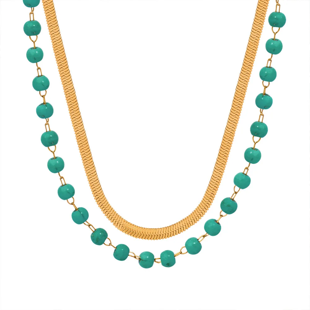 Turquoise Bead Design Snake Chain Necklace, Double-Layer Flat Snake Chain Stainless Steel Necklace