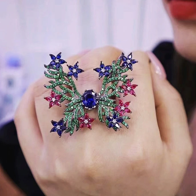 Beautiful 925 Sterling Silver Zircon Jewelry Rings Black Gold Plated Flower Butterfly Open Ring Brooch