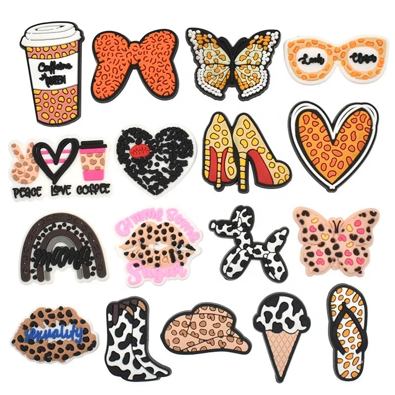 2023 Wholesale PVC cute Leopard print Bow Butterfly Hat Hearts croc shoe charms for croc bracelet organizer