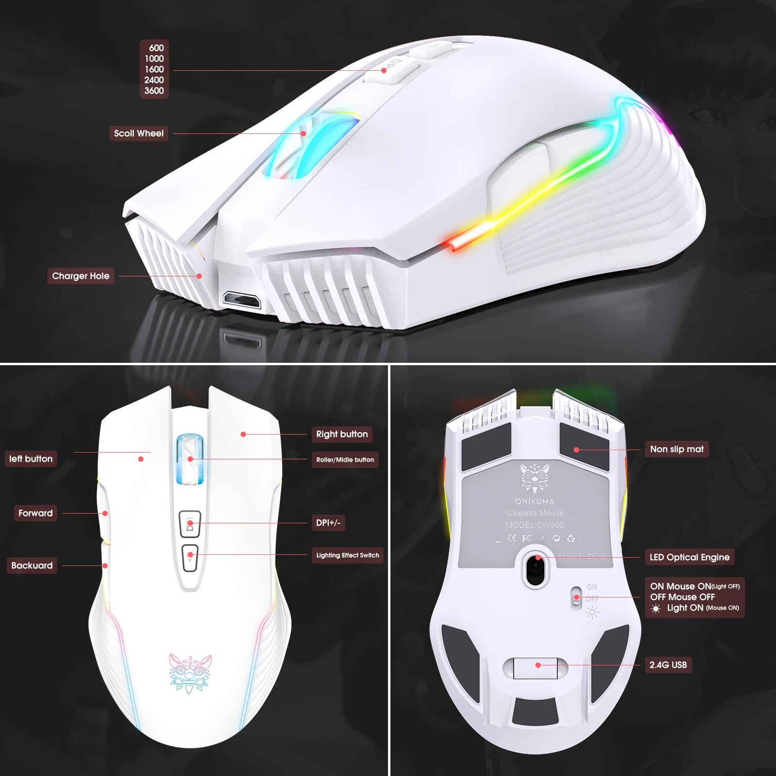 Onikuma CW905 Rechargeable wireless mouse mute computer home office gaming mice wholesale pc gamer maus mouse