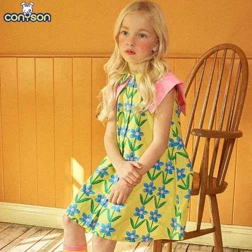 Conyson Bowknot Girl Dress Floral Print Kids Princess Vestidos Clothes Summer Toddler Children Clothing Cotton Infant Dresses