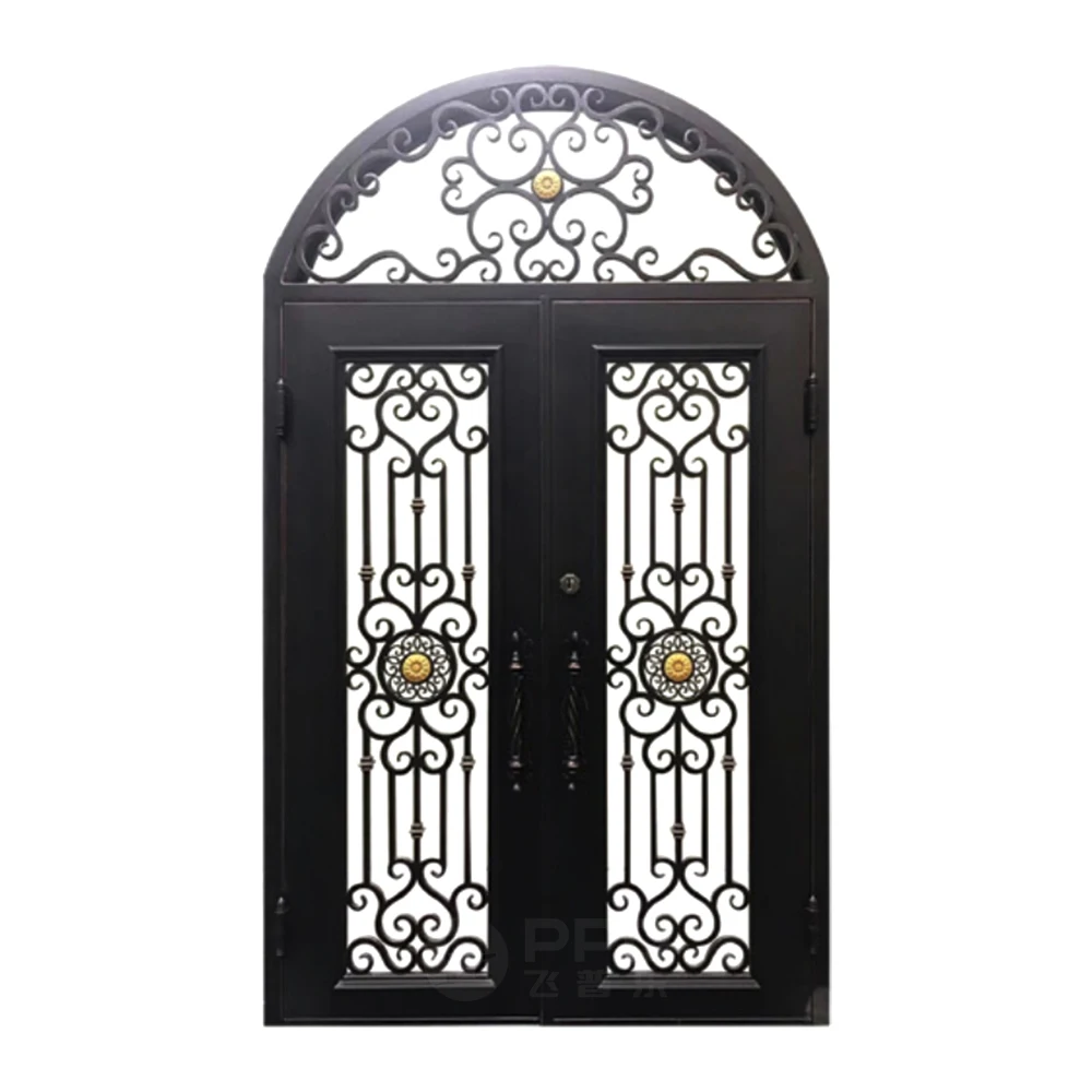 Villa Luxury Metal French Arch Double Main Double Doors Safety Security Entrance Wrought Iron Doors With Glass